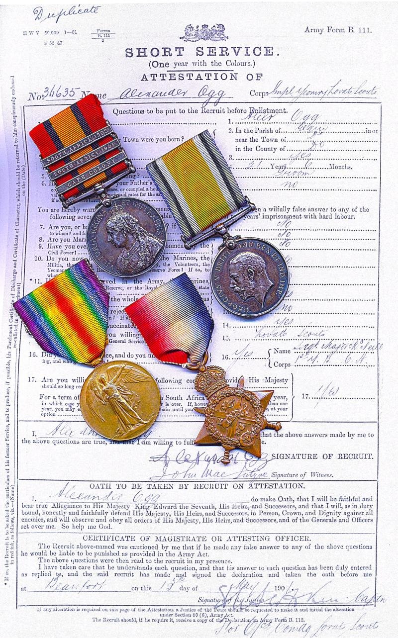 A campaign medal group of 4 to a former Lovat Scout and later 'Old Contemptible' who served in the South African War & Great War: Driver Alexander Ogg, 4th Division Ammunition Column, Royal Field Artillery late Lovat Scouts