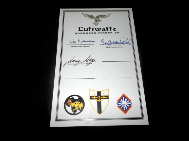 WW2 German Luftwaffe – FIGHTER PILOT AUTOGRAPHS x3 GROUPING CARD – JG27 – NICE! — image 2