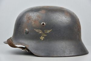 Early M35 Luftwaffe double decal steel helmet with droop tail eagle Q66 1937 unit marked and named