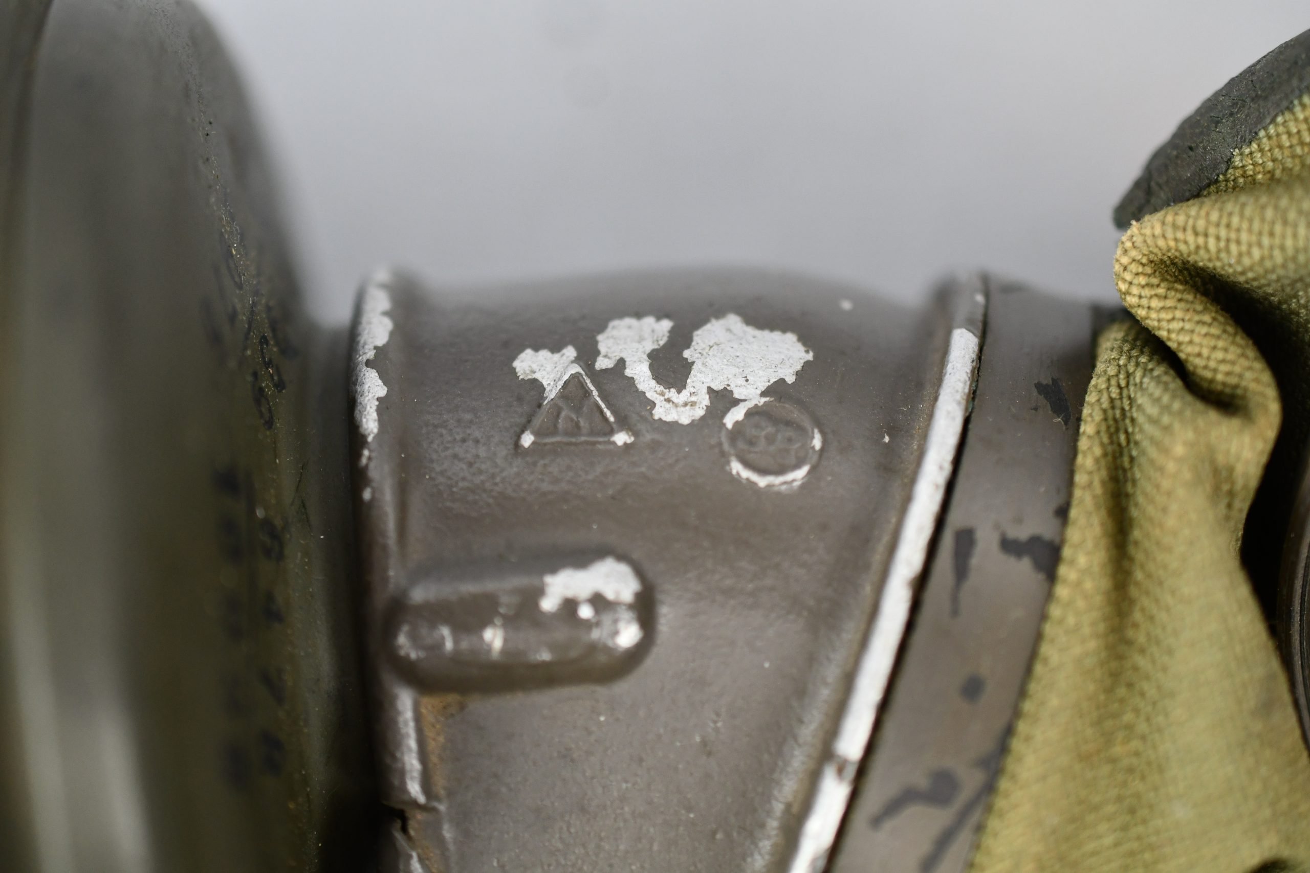 Early short M31 gas mask canister with straps and mask 1937 named and Luftwaffe unit marked L.G. Paris — image 13