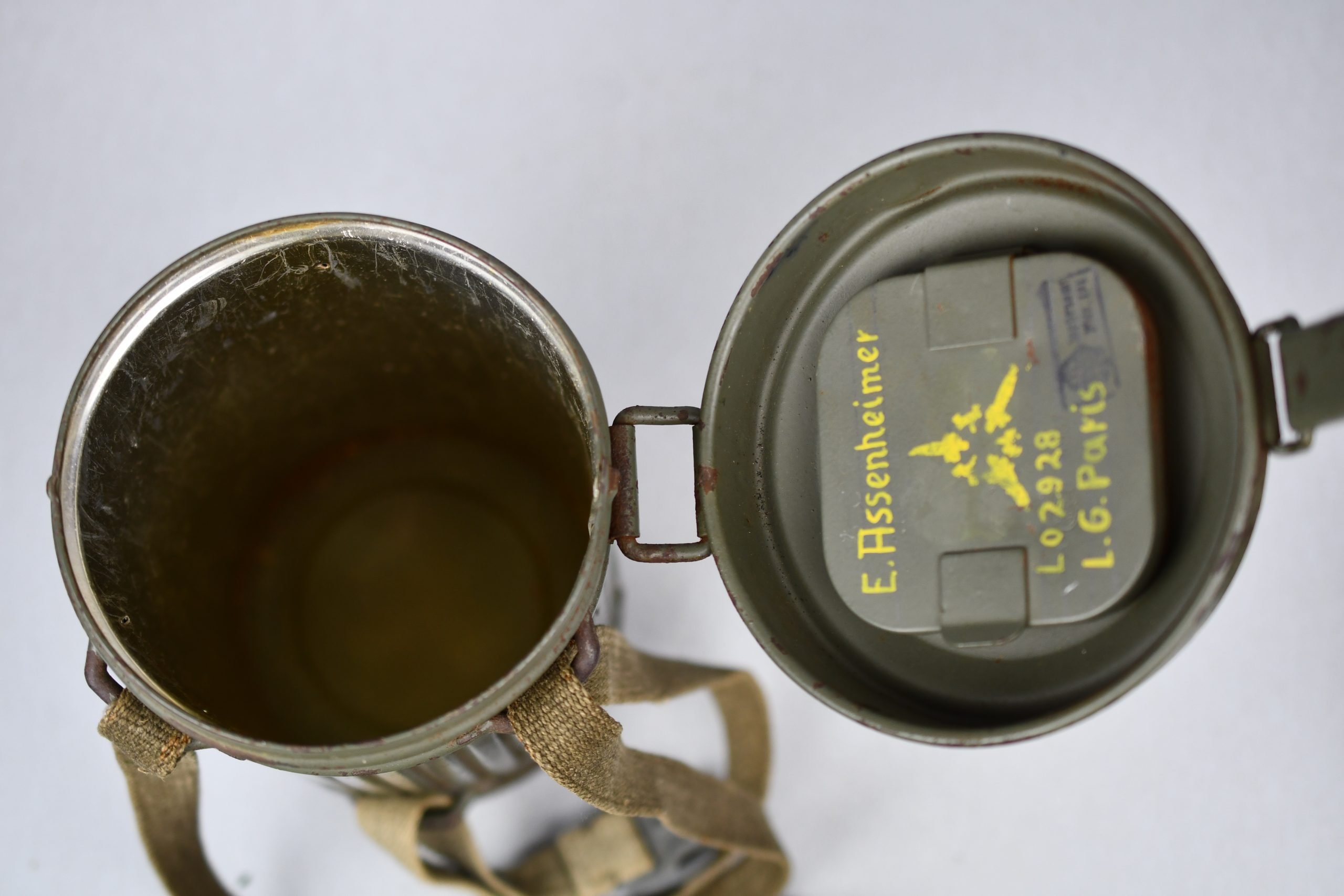 Early short M31 gas mask canister with straps and mask 1937 named and Luftwaffe unit marked L.G. Paris — image 23