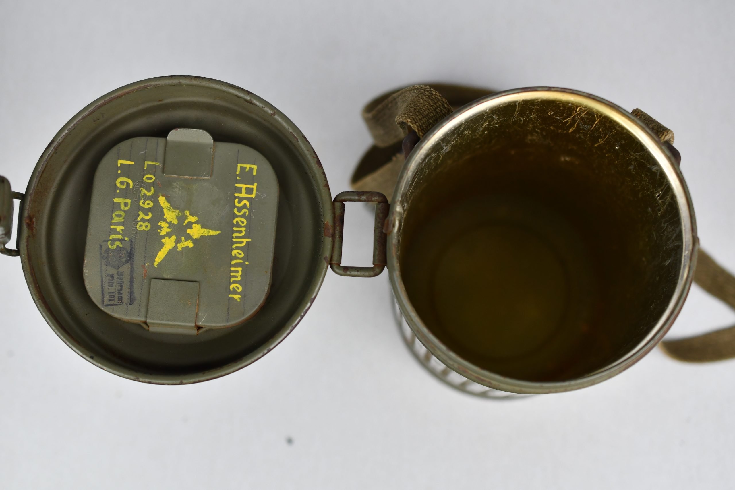 Early short M31 gas mask canister with straps and mask 1937 named and Luftwaffe unit marked L.G. Paris — image 24
