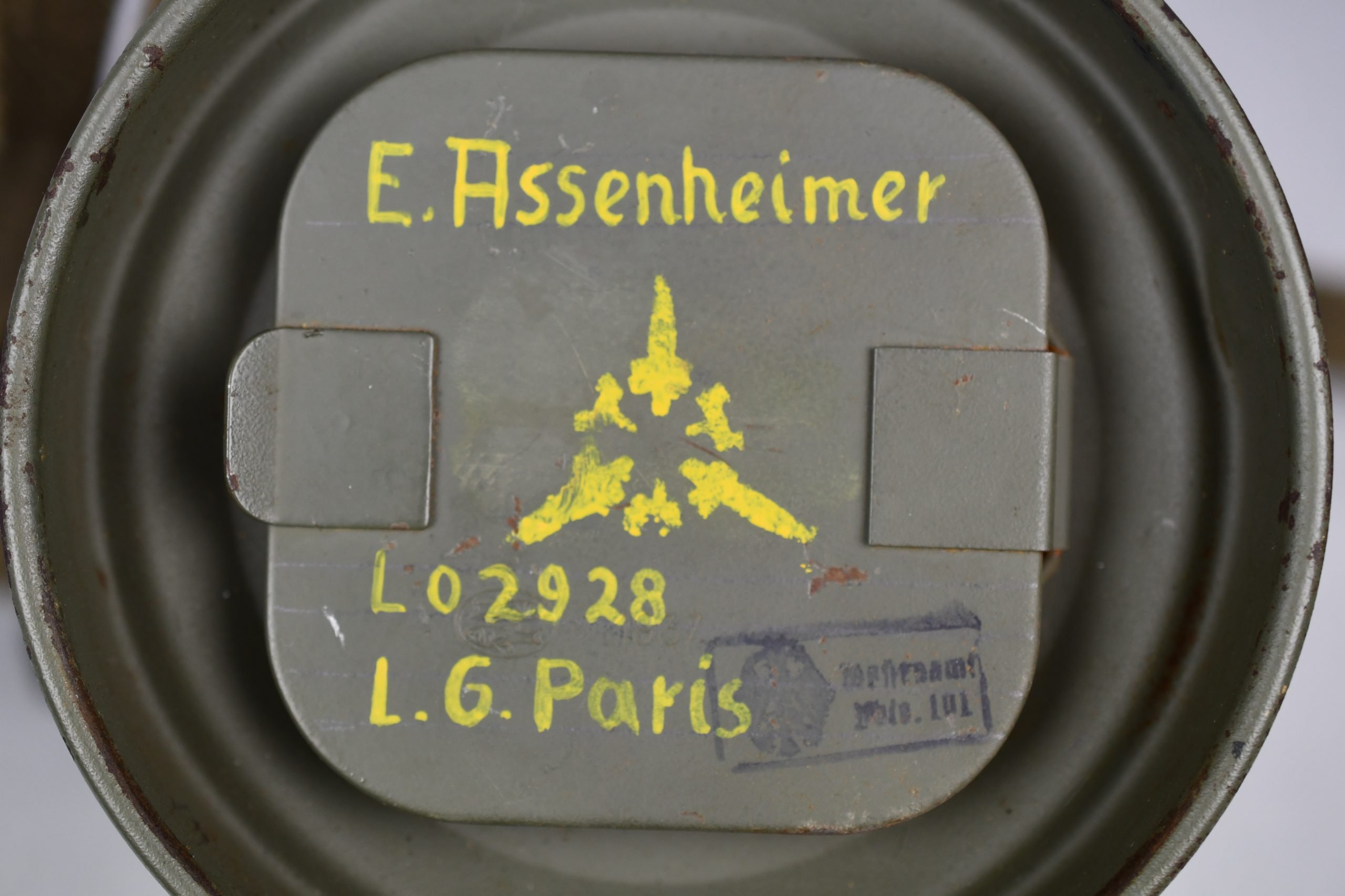 Early short M31 gas mask canister with straps and mask 1937 named and Luftwaffe unit marked L.G. Paris — image 25
