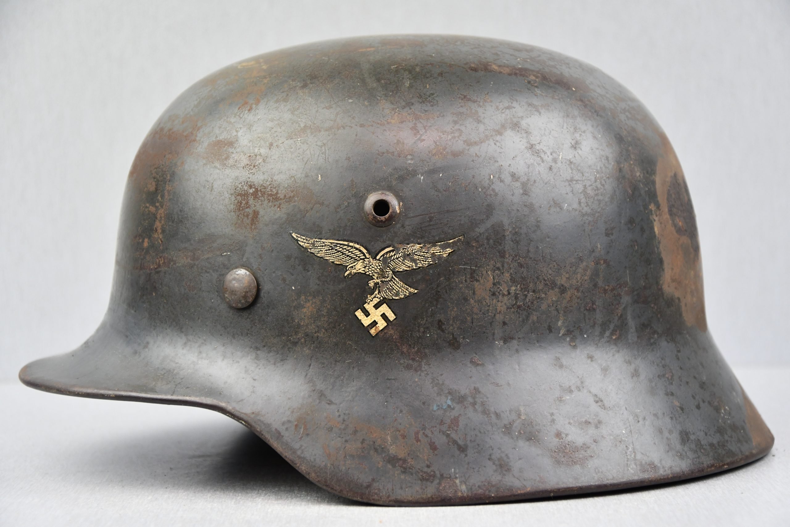 Early M35 Luftwaffe double decal steel helmet with droop tail eagle ET64 1938