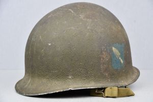 US WW2 M1 front seam swivel bale steel helmet with liner and unit decals
