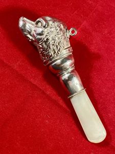 Antique Edwardian Hallmarked Silver and Mother of pearl Baby Teether in the Form of Dog's Head by Crisford & Norris