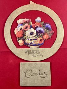 Charming Original Wall Hanging 1938 Calendar and 1937 Christmas Greeting Card - Coloured Print Titled 'Sweet Flowers'