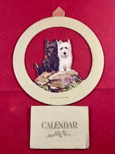 Charming Original Wall Hanging 1937 Calendar and 1936 Christmas Greeting Card - Coloured Print Titled 'Trusty Friends'