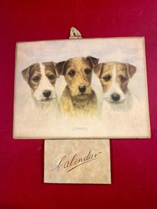 Charming Original Wall Hanging 1936 Calendar and 1935 Christmas Greeting Card - Coloured Print Titled 'Triplets'