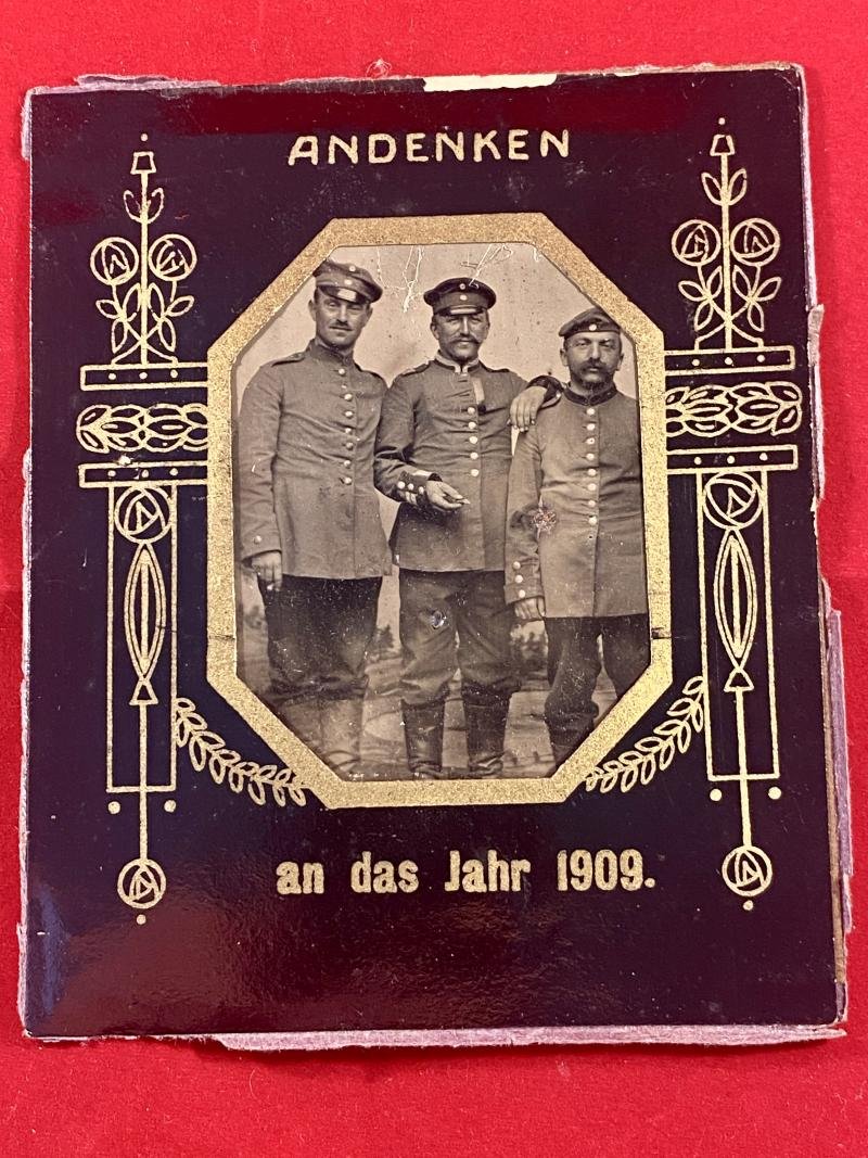 Impressive Paper Framed Tintype Photo of Three Soldiers of the Imperial German Army - Souvenir of the Year 1909