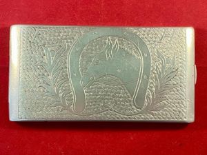 WW2 Italian POW made Aluminium Trench Art Cigarette Case Depicting a Horse and Dog