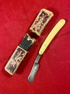 Antique Cutthroat Corn Razor with Fine Steel Blade, Ivorine Grip and Original Card Case c1880