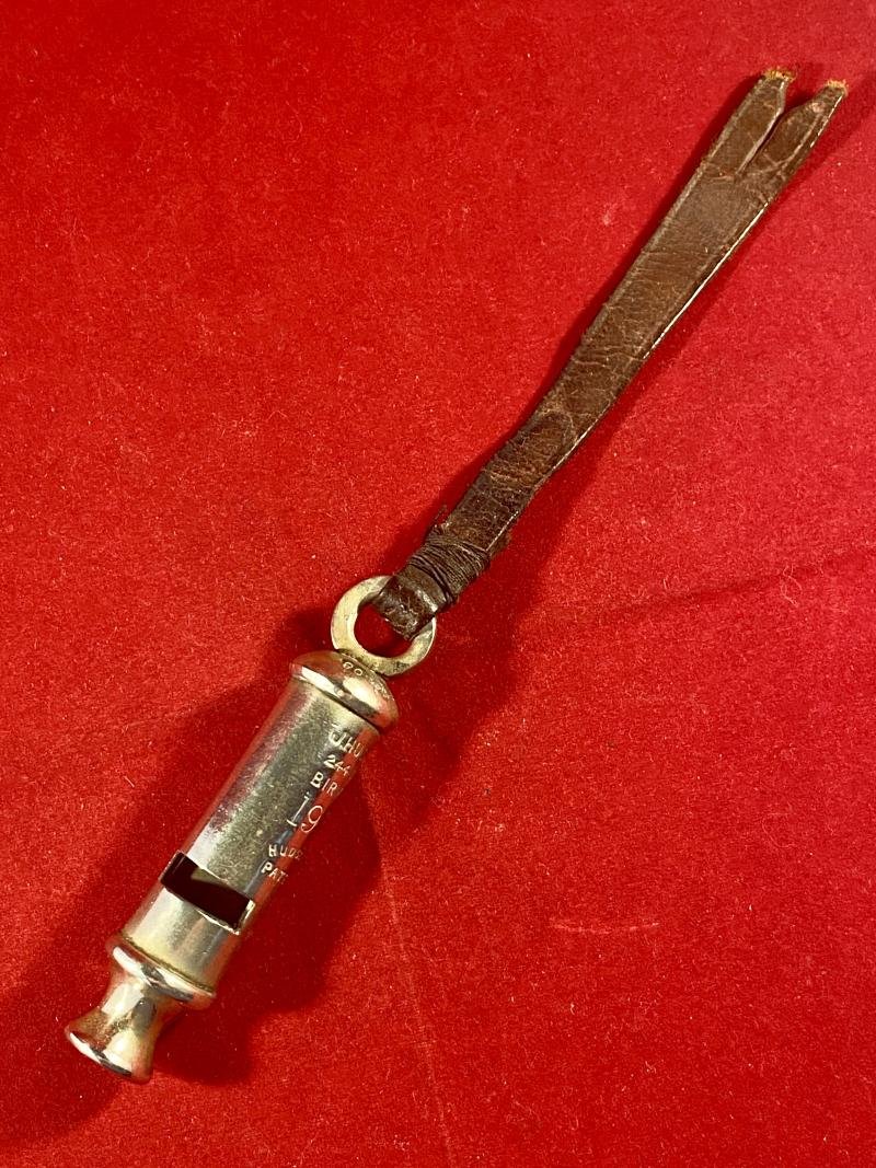 Genuine WW1 1914 British Military Officers Trench Whistle by J Hudson & Co. of Birmingham with Original Leather Strap