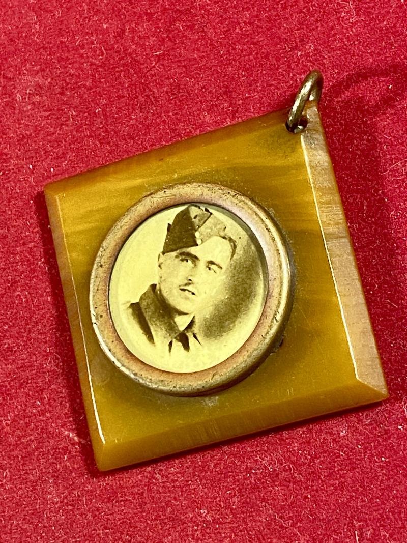 WW2 Butterscotch Bakelite Sweetheart Pendant set with a Photo of a Soldier