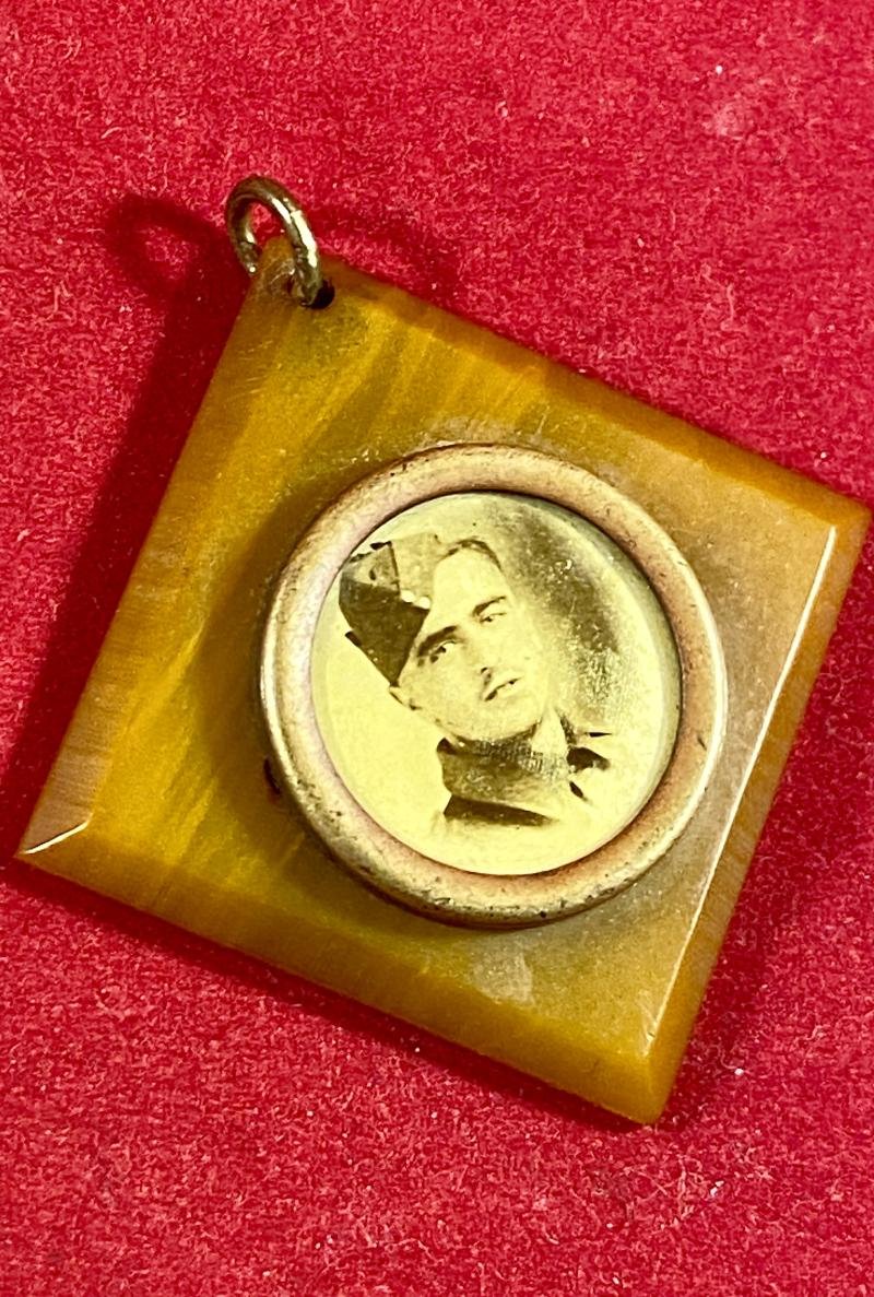 WW2 Butterscotch Bakelite Sweetheart Pendant set with a Photo of a Soldier