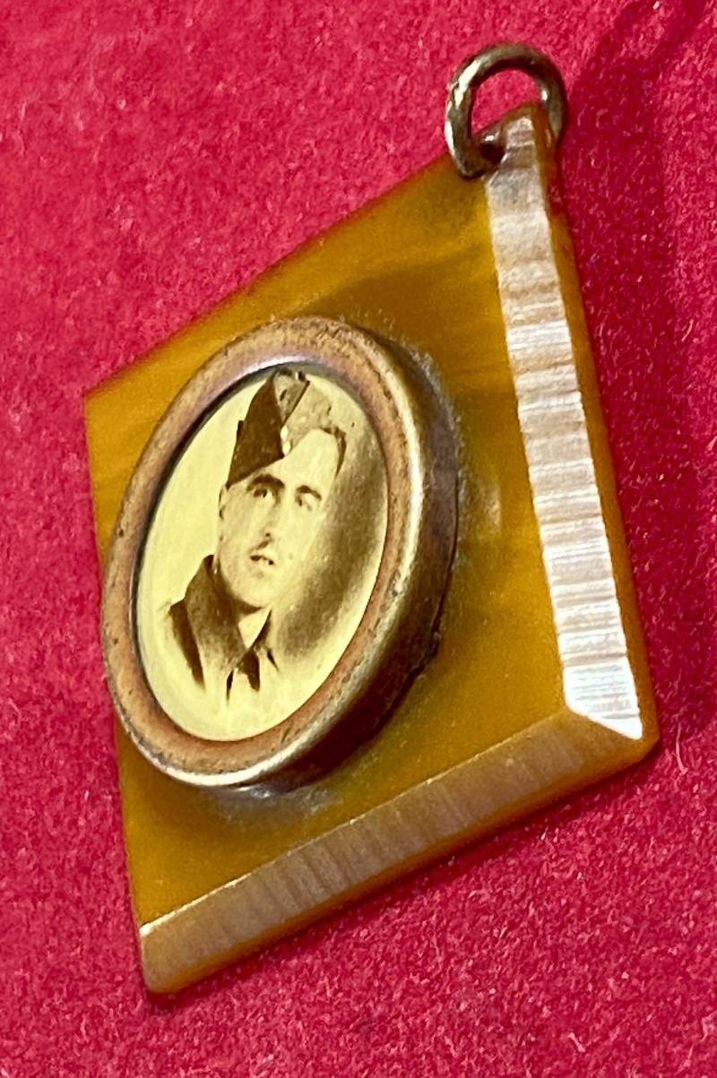 WW2 Butterscotch Bakelite Sweetheart Pendant set with a Photo of a Soldier