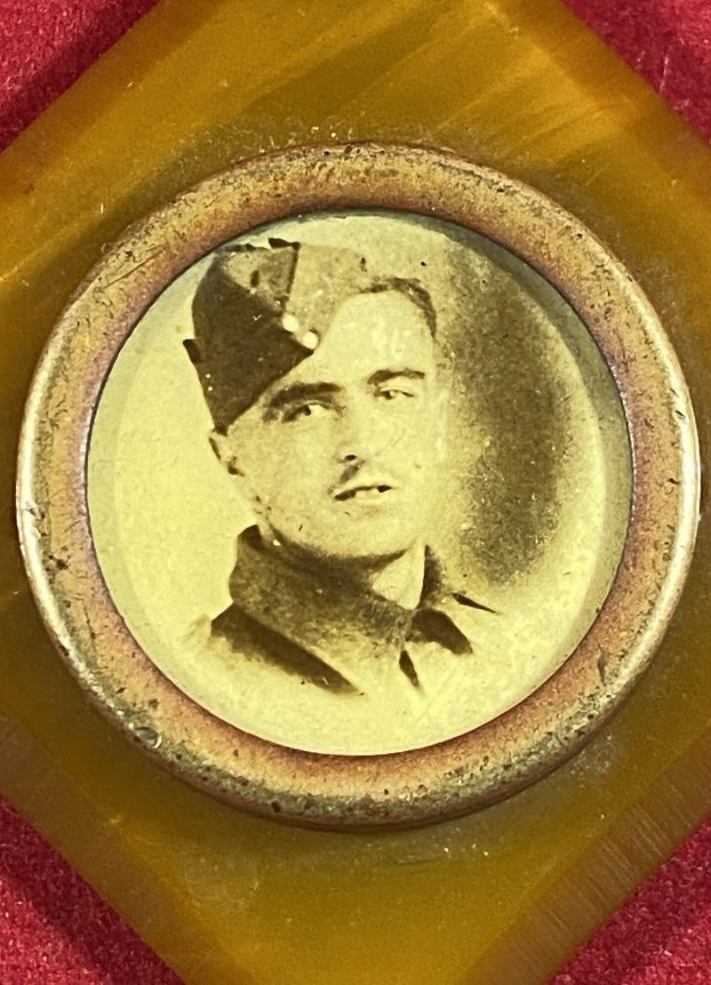 WW2 Butterscotch Bakelite Sweetheart Pendant set with a Photo of a Soldier