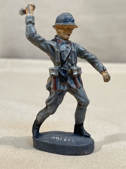 Original Nazi Era German Toy Soldier, French Soldier Throwing Grenade, ELASTOLIN