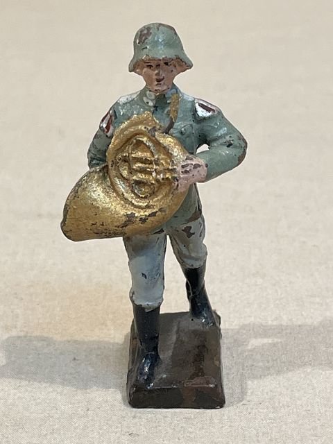 Original Nazi Era German Toy Soldier Marching with French Horn, SCHUSSO