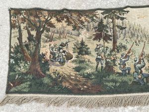 Original WWII German Cloth Tapestry with Fringe, Anti-Aircraft Scene