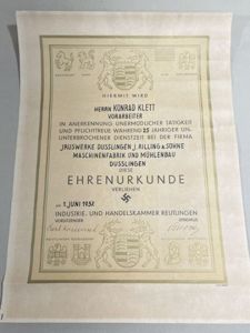 Original 1937 German Large Fancy 25 Years Service Award to Worker