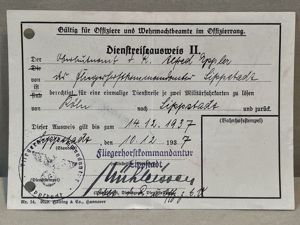 Original 1937 German Service Travel Card for Officers