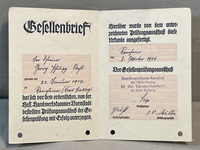 Original 1934 German Journeyman's Certificate, Gesellenbrief — image 2