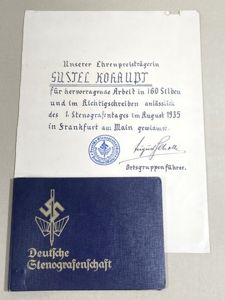 Original Nazi Era German Stenographer's ID Book and Award Document Set