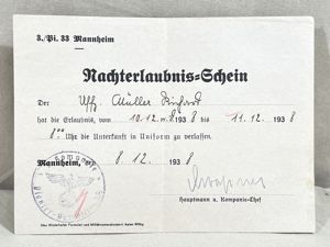 Original 1938 German Document to Soldier, Nachterlaubnis-Schein