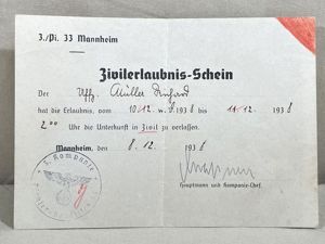 Original 1938 German Document to Soldier, Zivilerlaubnis-Schein