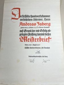 Original 1937 German Award of a Master Craftsman's Certificate, Meisterbrief