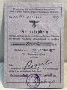 Original 1937 German Trade License & Traveling Trade License, Gewerbeschein/Wandergewerbeschein