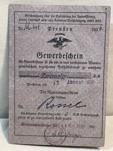 Original 1936 German Trade License & Traveling Trade License, Gewerbeschein/Wandergewerbeschein