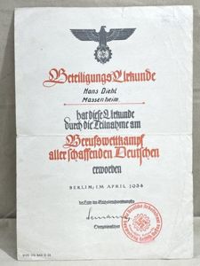 Original 1938 German HJ/DAF Participation Certificate for the Reich Professional Competition