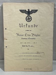 Original 1938 German Deed Drawn Up by Notary Otto Bügler, Urkunde