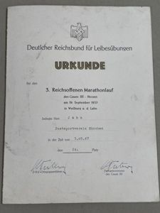 Original 1937 German RLB Sports Certificate, 3rd Reich Open Marathon