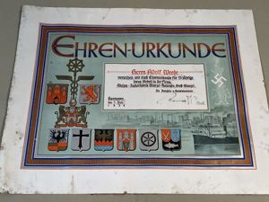 Original 1939 German Award for 25 Years of Service in the Firm Aktien-Zuckerfabrik