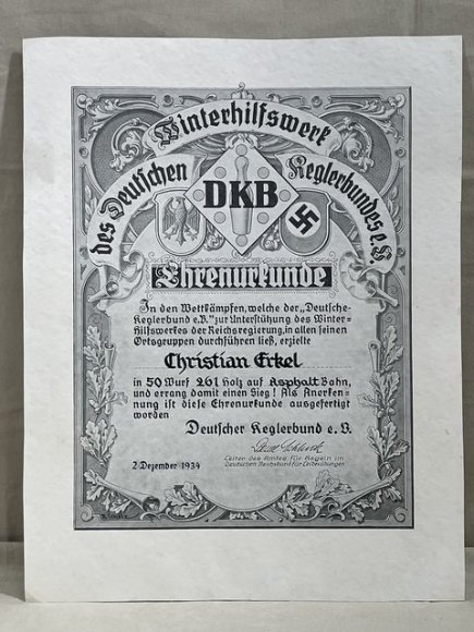 Original 1934 German Bowling Association (DKB) Winter Relief Certificate of Honor