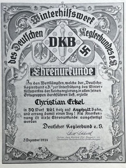 Original 1934 German Bowling Association (DKB) Winter Relief Certificate of Honor — image 2