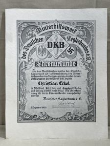 Original 1934 German Bowling Association (DKB) Winter Relief Certificate of Honor