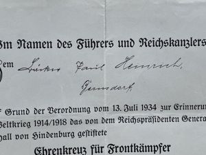 Original 1935 German Combatant's Cross of Honor 1914/18 Award Document