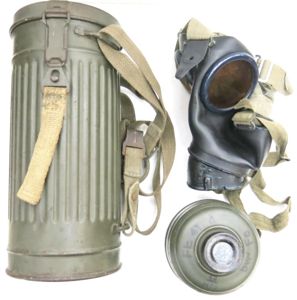 German Wehrmacht Combat GM38 Black Rubber Gas Mask Super Matching 1943-1944 byd Set From My Own Collection With The Rare Simplified Closing Knob And Dark Blue Paint On Mask, Part I Of II.