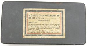 German Wehrmacht 4 Stück Druck-Zünder 35 DZ35 Fuze RR 605 1938 Metal Box, Rare, Empty.