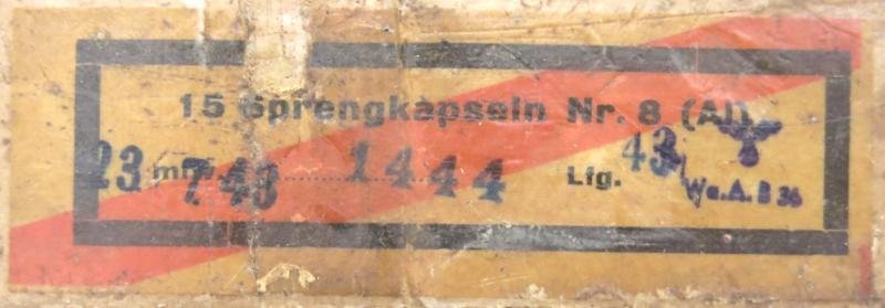 German Wehrmacht Sprengkapseln Nr. 8 Empty Box 23. 7. 1943 Dated, Inert.