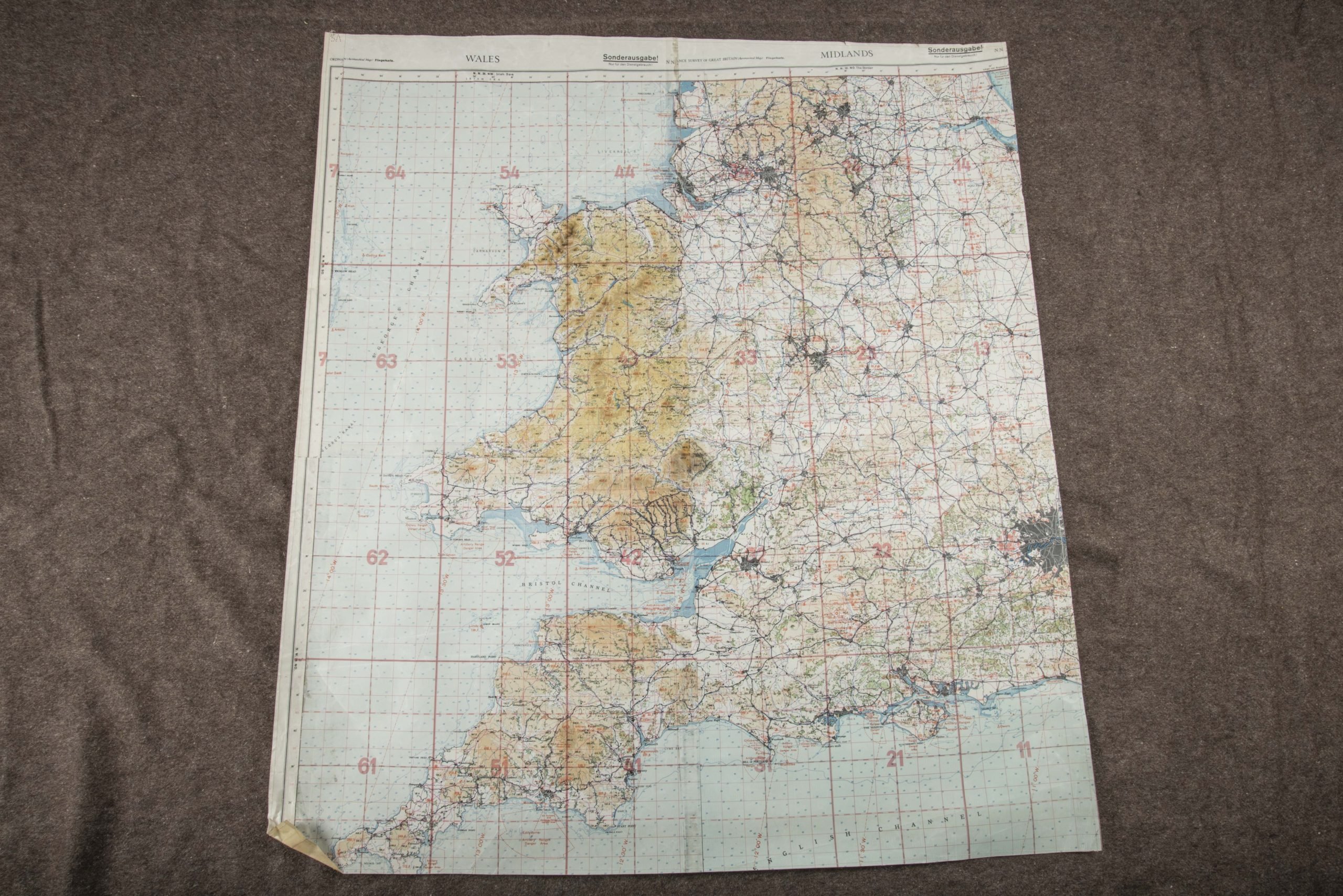 Luftwaffe laminated Fliegerkarte 1:250 000 – Midlands, Wales, London, Bristol, Birmingham, Christchurch