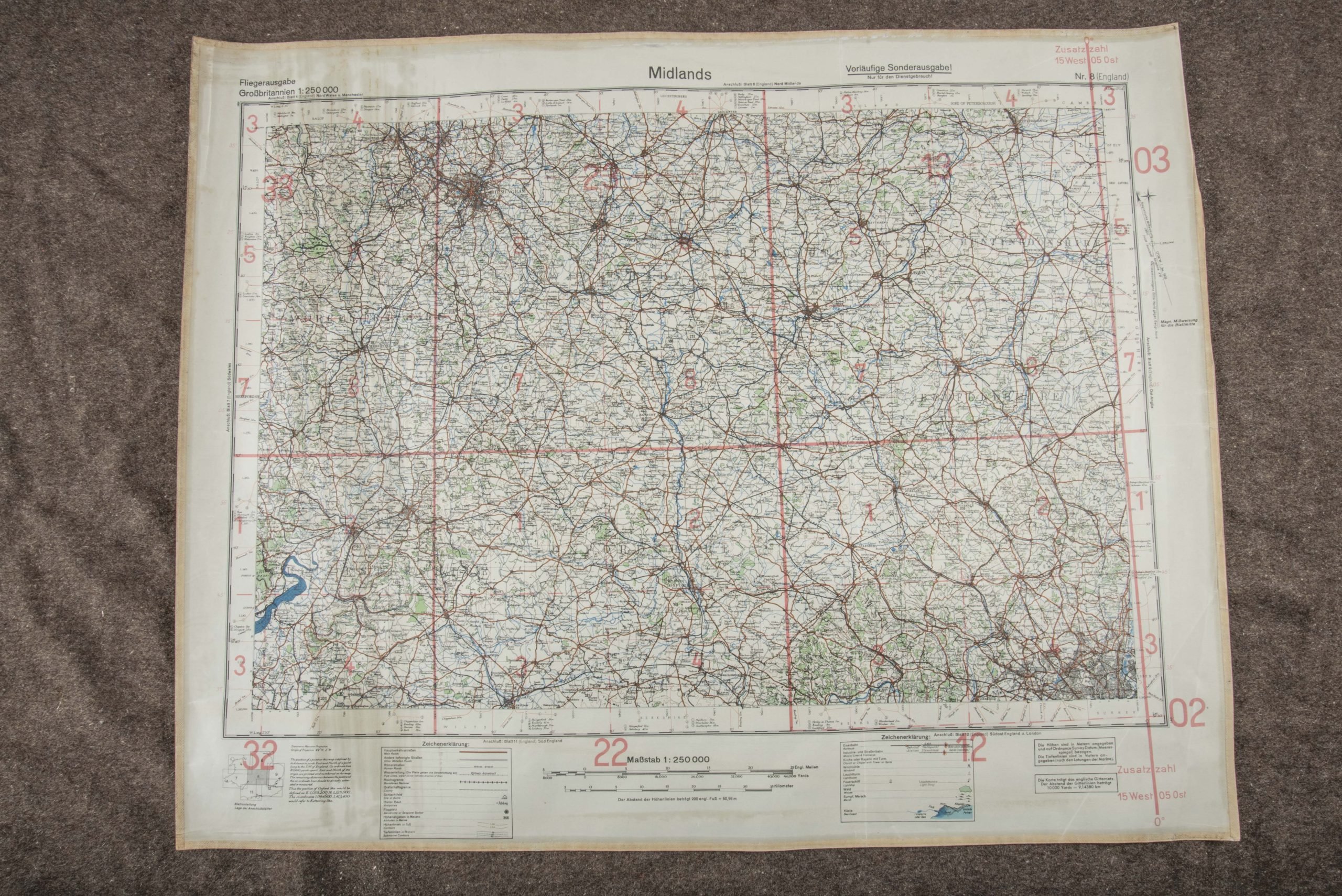 Luftwaffe laminated Fliegerkarte 1:250 000 β Midlands, London, Oxford, Bedford
