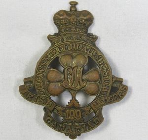WWI 199th Infantry Battalion Overseas Irish Canadian Rangers Cap Badge