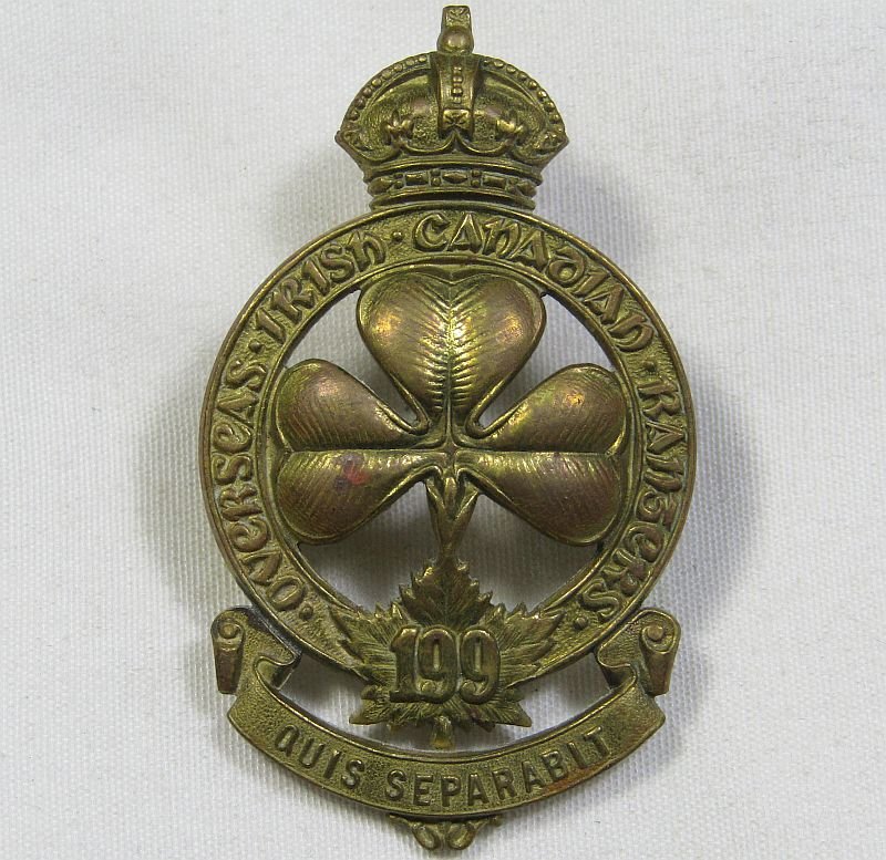 WWI 199th Infantry Battalion Overseas Irish Canadian Rangers Cap Badge