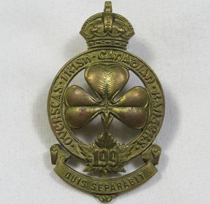 WWI 199th Infantry Battalion Overseas Irish Canadian Rangers Cap Badge