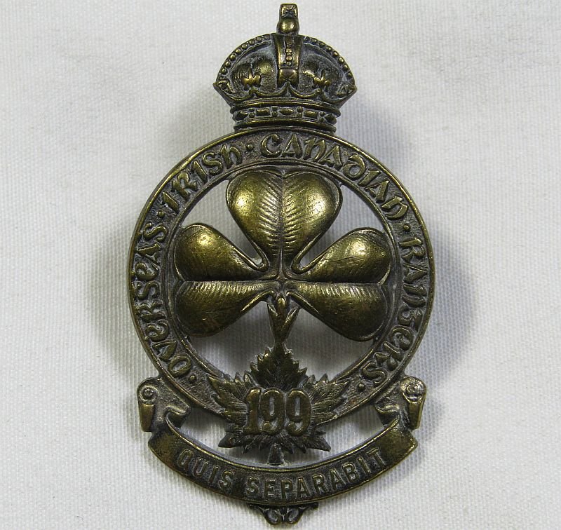 WWI 199th Infantry Battalion Overseas Irish Canadian Rangers Cap Badge